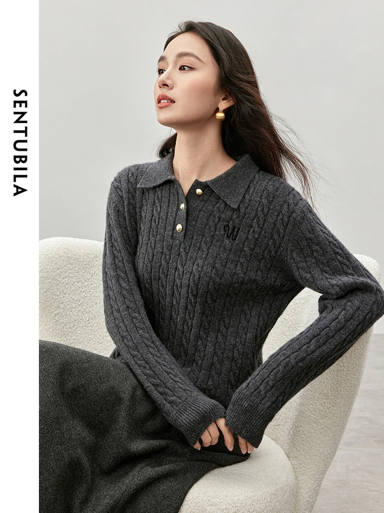 SENTUBILA Letter Embroidery Wool Pullovers for Women 2024 Winter Loose Knitted Polo Neck Long Sleeve Women Clothing W44E57156