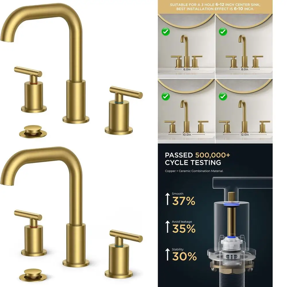 

8 Triple Handle Brushed Gold Widespread Sink Faucet, 360° Swivel Spout, 3-Hole, with Drain & Hoses for Vanity & RV Bathroom
