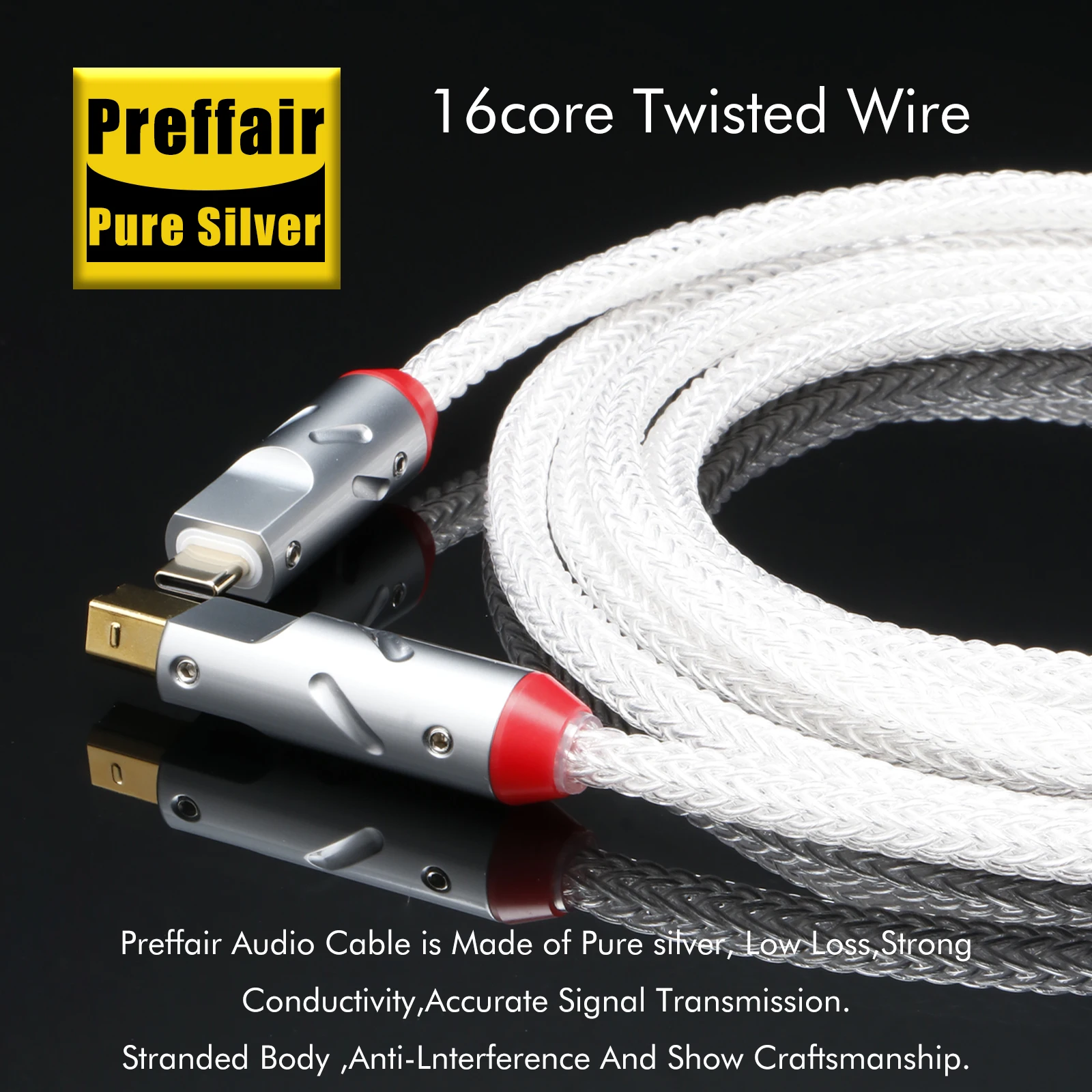 

16Core Pure Silver Tpye C to OTG USB 2.0 B USB Cable with Monosaudio Pure Copper USB Plug Hifi Audio Wire for Amplifier Laptop
