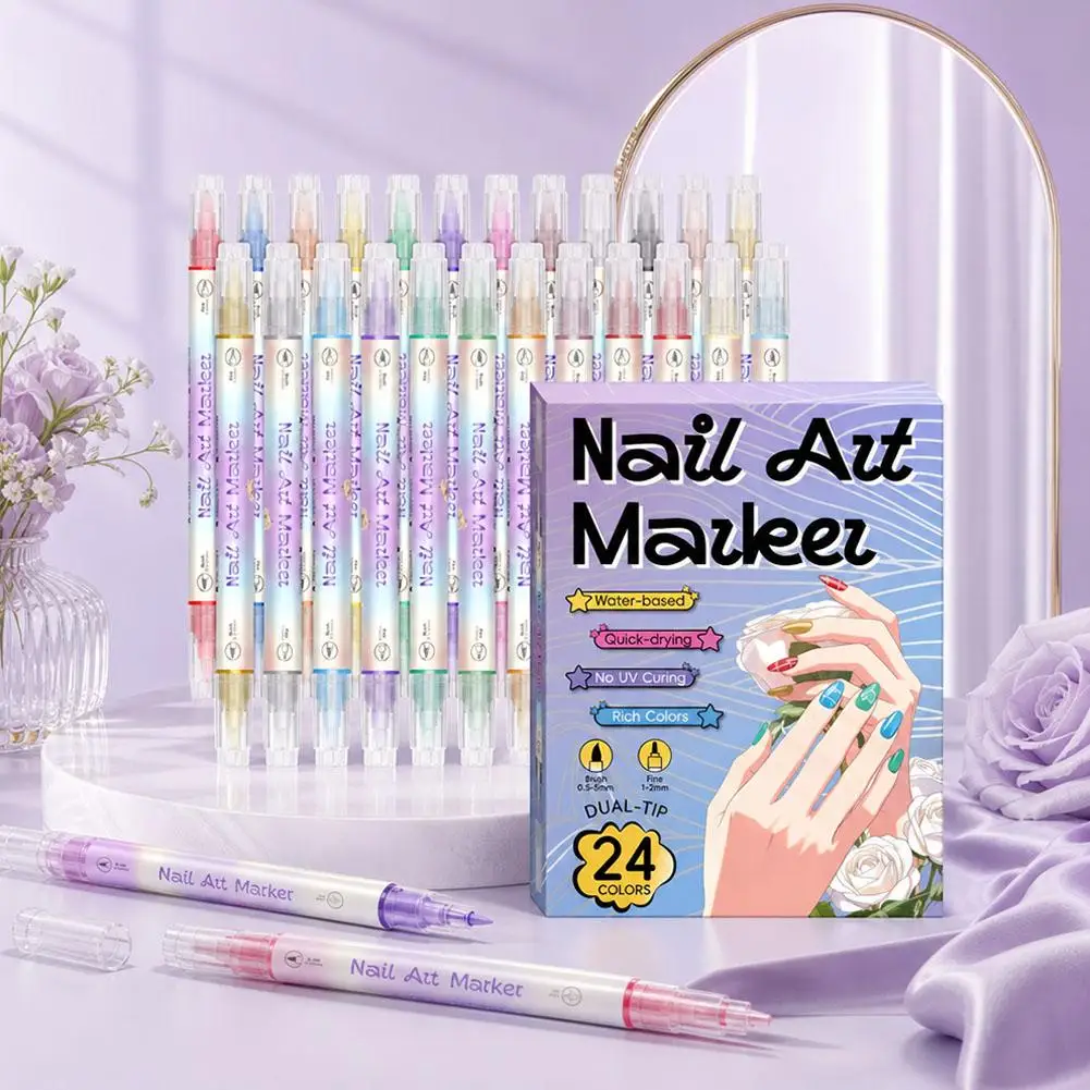 Dual Tip Nail Art Pens With Brush And Fine Tips In 24 Colors For Detailed Manicure Patterns Quick Drying Water Based Drawing Ink