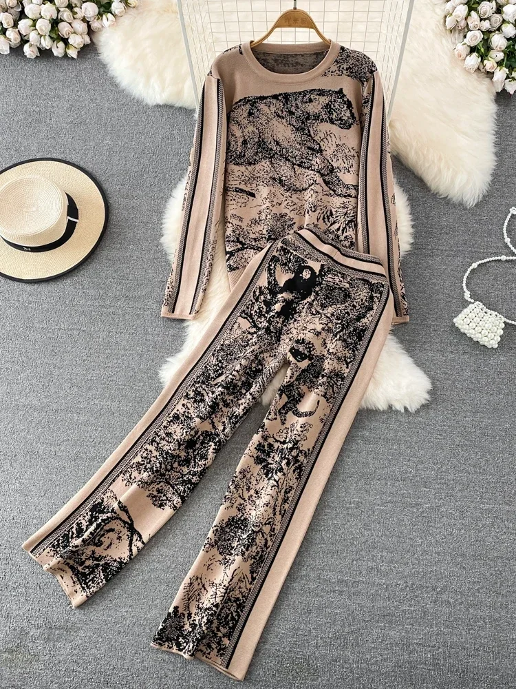 Women Casual Street Style Two-piece Vintage Round Neck Tiger Jacquard Knitt Top High Waist Straight Leg Wide Leg Pant for Women