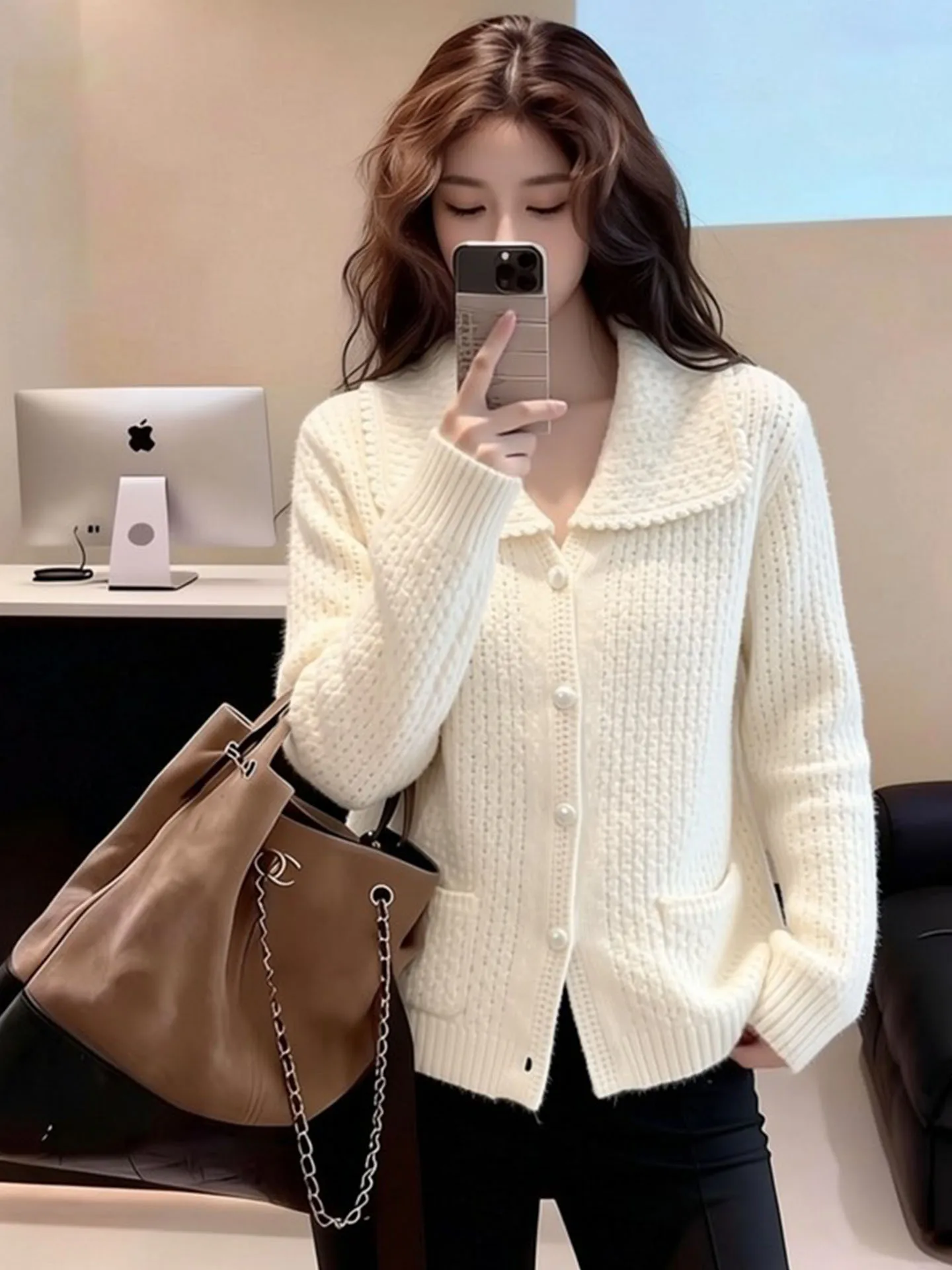 

Ele Hollow out Knitted Sweater Coat Women's Spring 2026 Faionable Turn-down Collar Open Cardigan Gentle Sle Regular Fit