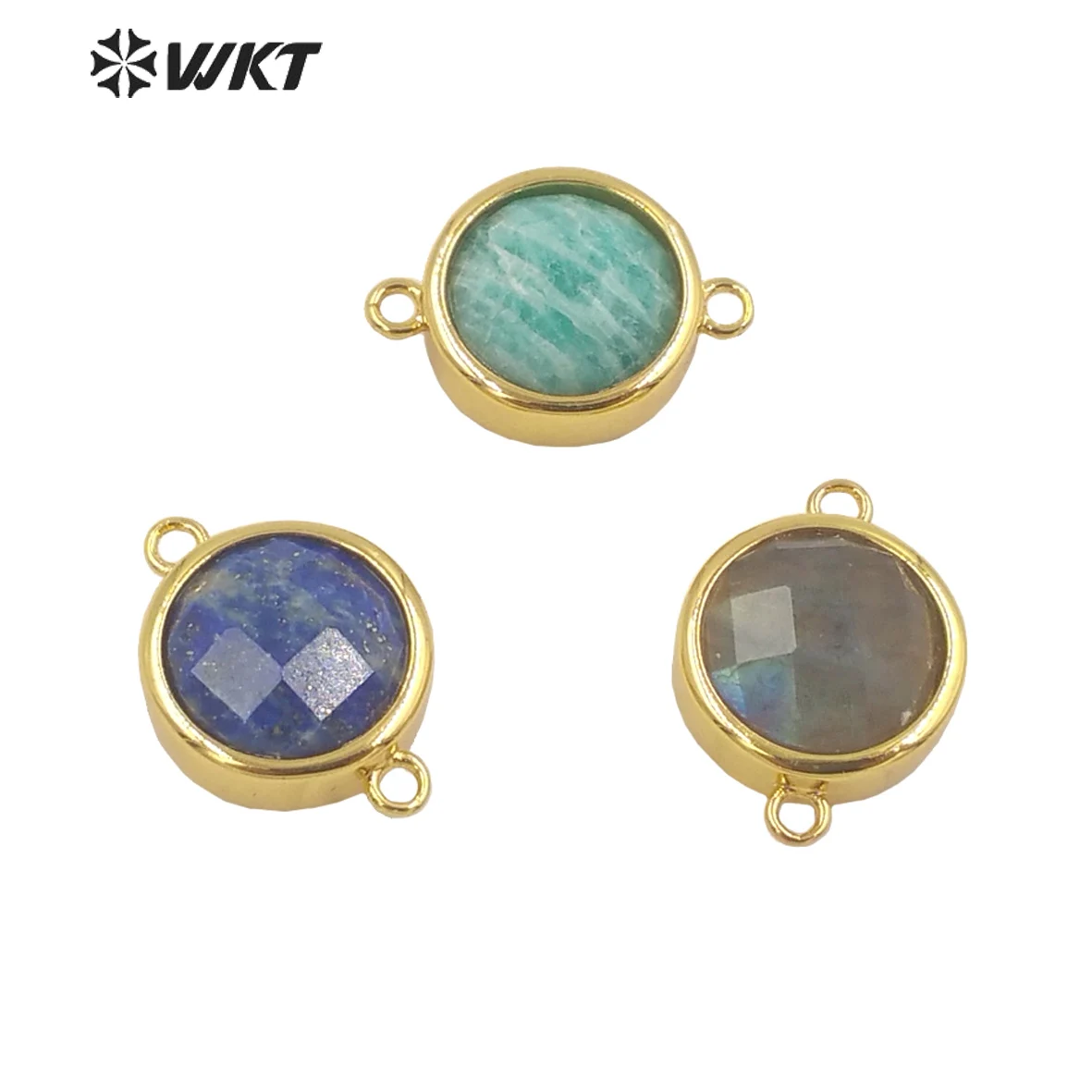 WT-C307 Wholesale Fashion Small Round Gold Bezel Jewelry Connectors Delicate Double Loops Natural Gemstone Charms In 12mm