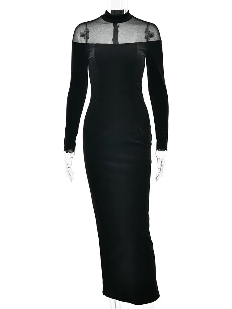 Chaxiaoa – robe Maxi transparente, épaules dénudées, manches longues, Sexy, élégante, col mi-haut, dos nu, moulante, robes de soirée en boîte de nuit