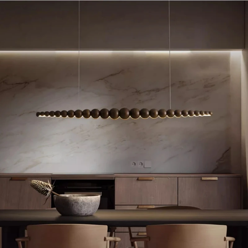 

Long Linear LED Pendant Lights Modern Wooden Beads Dimmable Indoor Hanging Lamp study Office Kitchen Island Dining Living Room