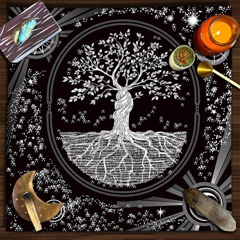 VIKAMA Black And White Celestial Dragon World Tree Tarot Card Tablecloth, Witchcraft Divination Tablecloth, Ritual Decoration