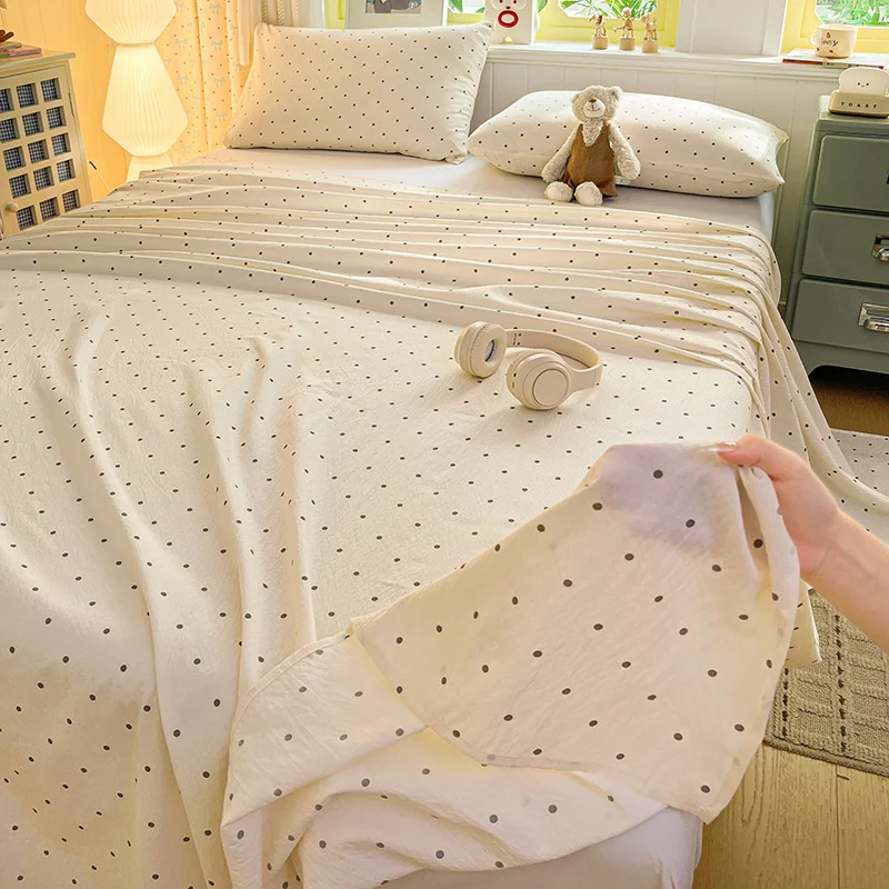 NewFashion Kawaii Pink Polka Dot Fitted Sheet Crinkle Puff Fabric Full‑Wrap Elastic Mattress Cover Girls Bedroom Decor Bed Sheet
