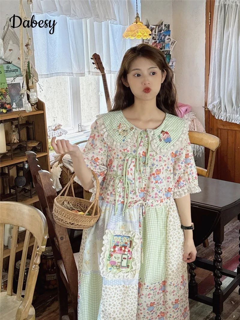 Vintage Green Plaid Patchwork Cotton Linen Dress Women Summer Japan Peter Pan Collar Lace-up Kawaii Dress Casual Female Vestidos