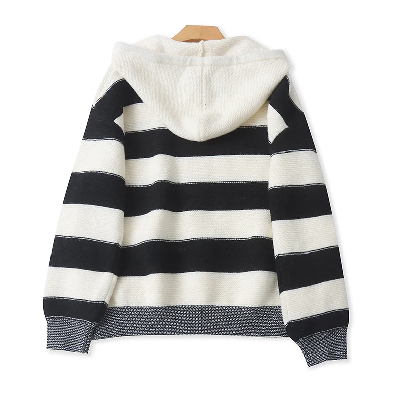 Thiened Maglione lavorato a maglia a righe con cappuccio in lana Faionable Autunno Inverno Donna Lungo Sve Cappello a cilindro caldo Design 02072