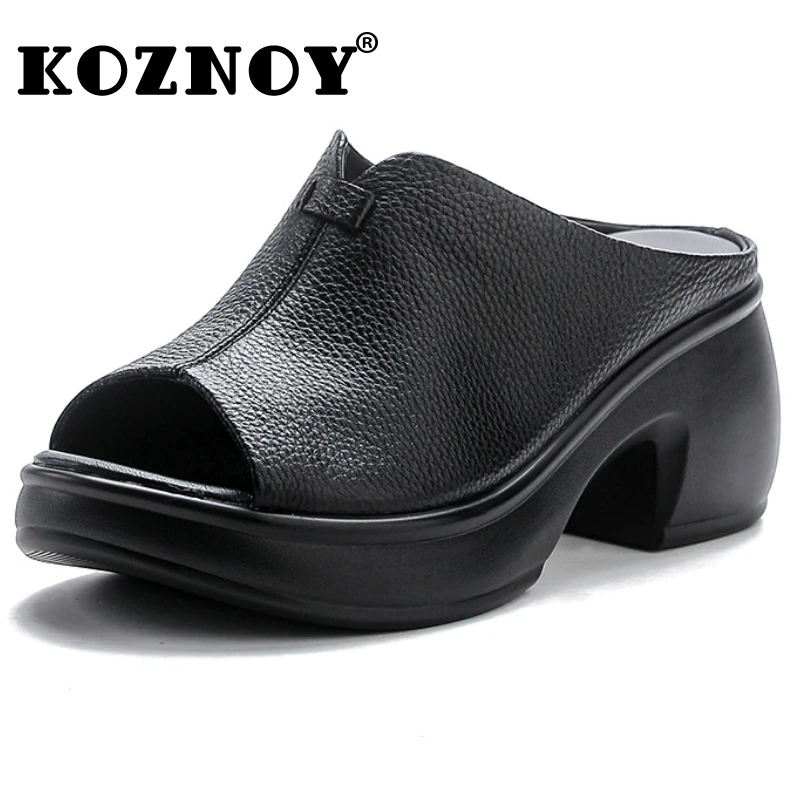 Koznoy-zapatos planos de piel auténtica de vaca para mujer, zapatillas ligeras con plataforma, sin cordones, de goma, cómodas, con punta abierta, de 6cm, flexibles