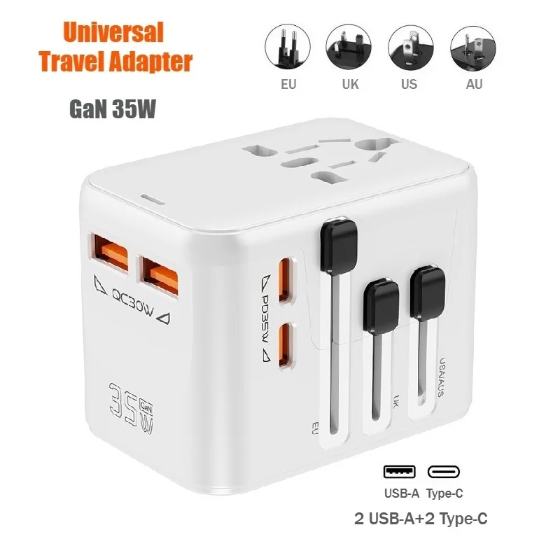 

Адаптер для путешествий за границу, ЕС, США, Великобритании, Австралии, 2 порта USB-A + 2 порта Type-C, 1 адаптер для переоборудования розетки переменного тока, быстрое зарядное устройство GaN 35 Вт