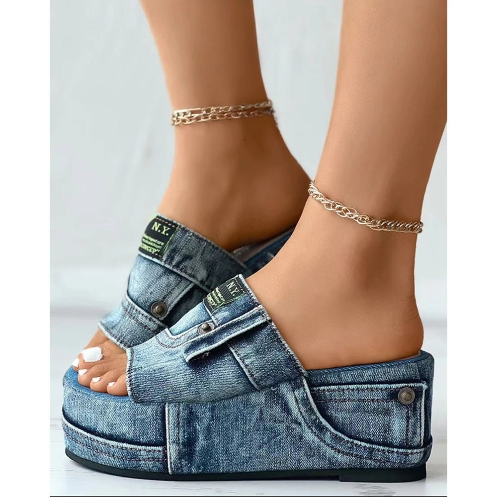 Platform Shoes Women Casual Letter Label Decor Denim Platform Slippers Summer Fashion Wide Strap Outdoor Slippers Femme Shoes