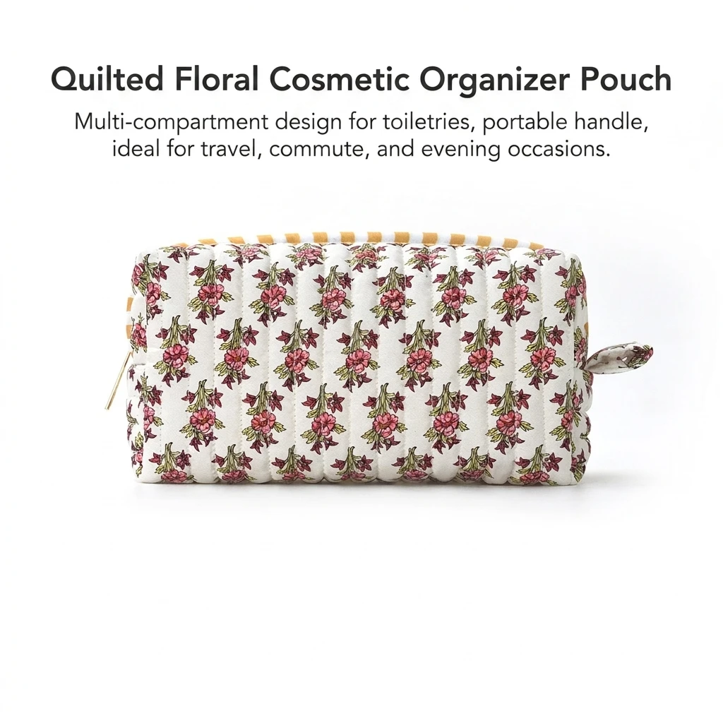 Chic Cosmetic Pouch Large Capacity Quilted Floral Makeup Bag for Travel Organizer Women's Toiletry Case Portable Durable