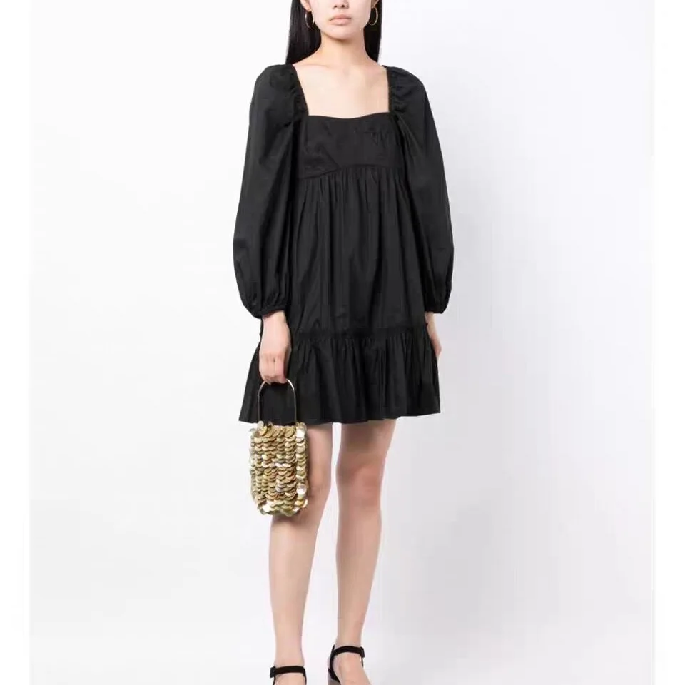 

Women Square neck black mini dress long sleeve loose casual dress