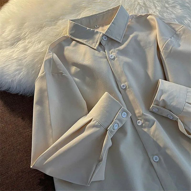 Lucyever Blouse for Women Solid Color Casual Loose Basic Long Sleeve Shirt Top Autumn New All-match Button Up Office Lady Shirts