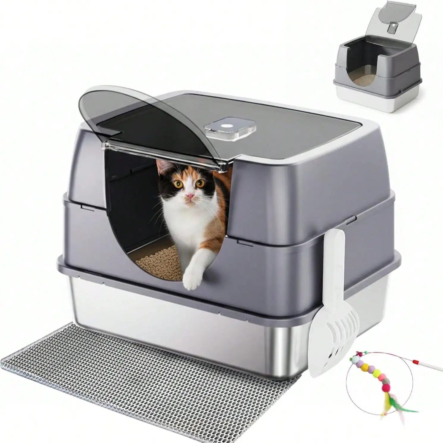 

Flip-Top Lid Enclosed Stainless Steel Cat Litter Box High Sided Metal Litter Pan