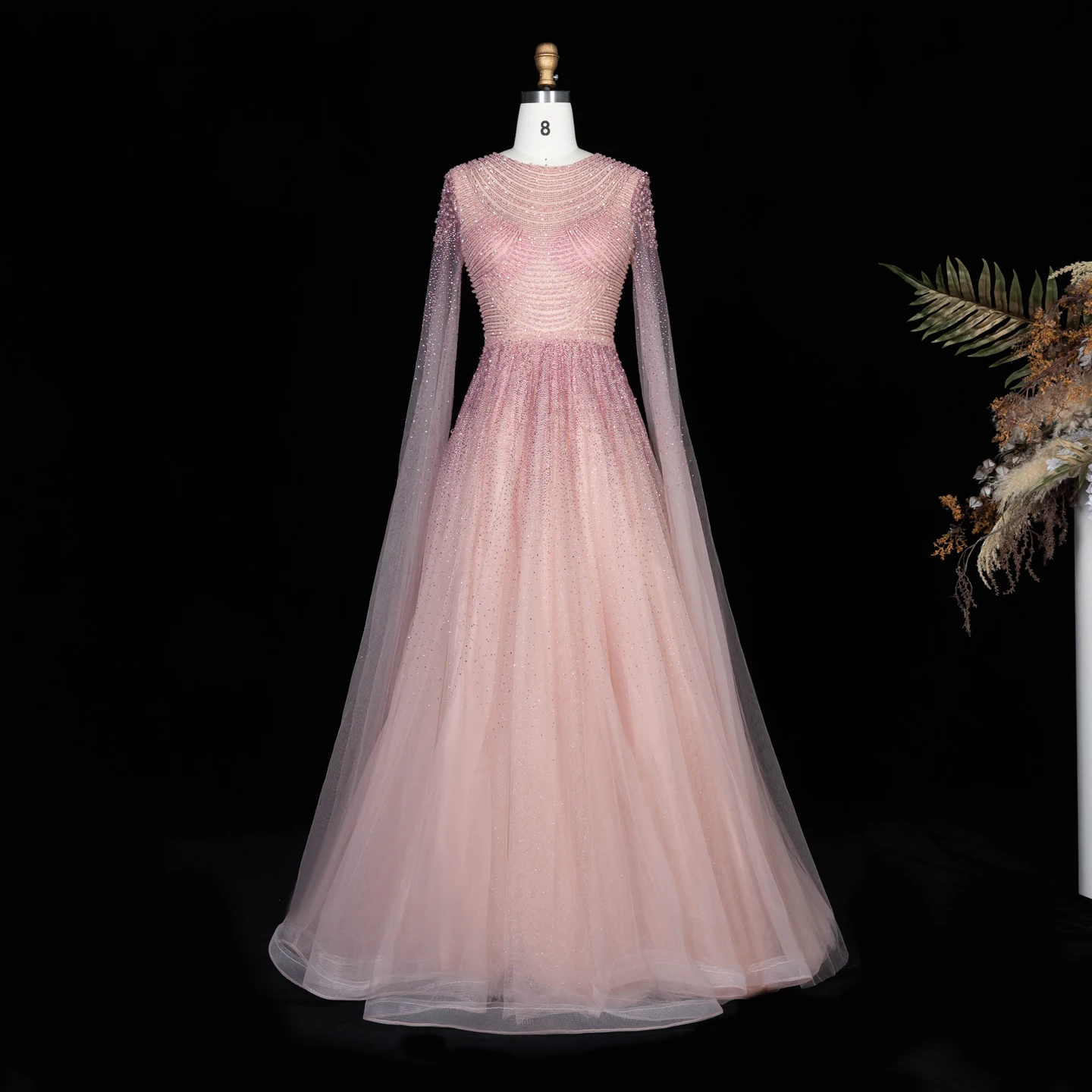 Sharon Said Luxuriöses Braunes Abendkleid mit Rundhalsausschnitt, Langen Transparenten Cape-Ärmeln und Schwer Perlenbesetztem Dubai-Formal-Partykleid SS059 Maßanfertigung – Detail 12