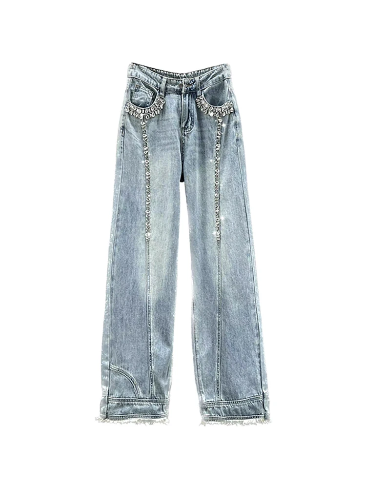 DEAT Women\'s Jeans Diamond Spliced High Waist Long Loose Straight Wide Leg Burrs Denim Pants 2024 Autumn New Fashion 29L2711