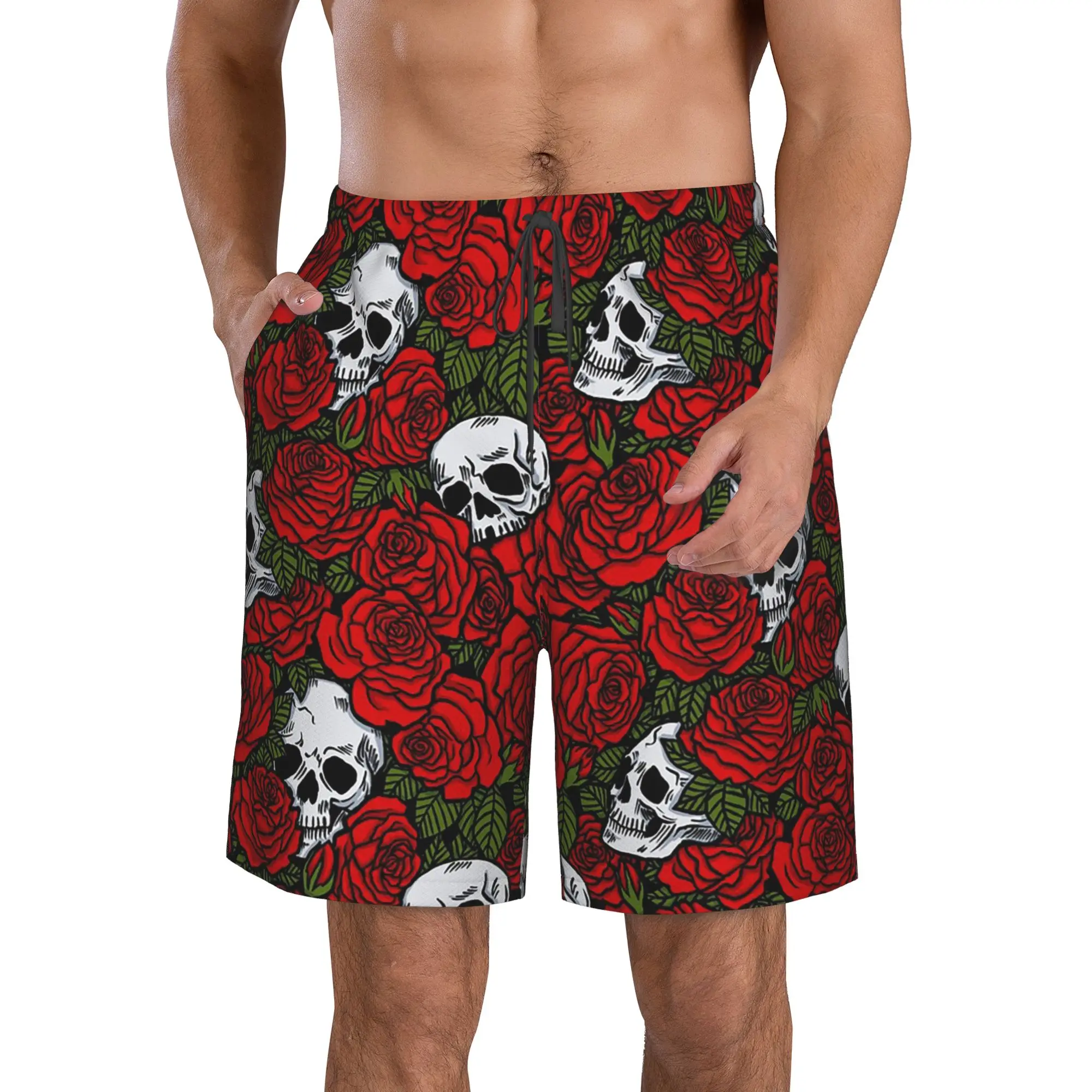 Vintage Skulls & Roses Pattern Trunks Beach Board Shorts Casual Quick Dry Swimming Summer Men Pants
