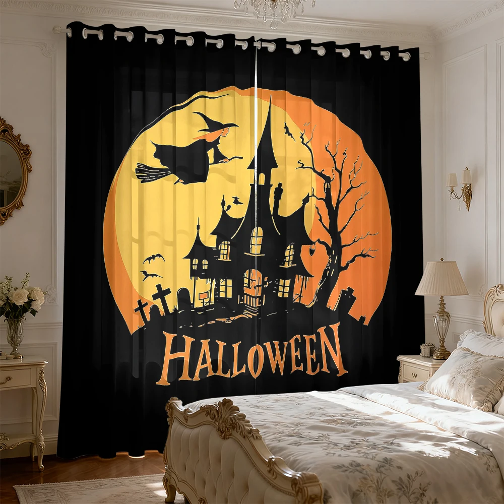 2pcs Halloween-themed haunted house witch print blackout curtains for living room bedroom decoration