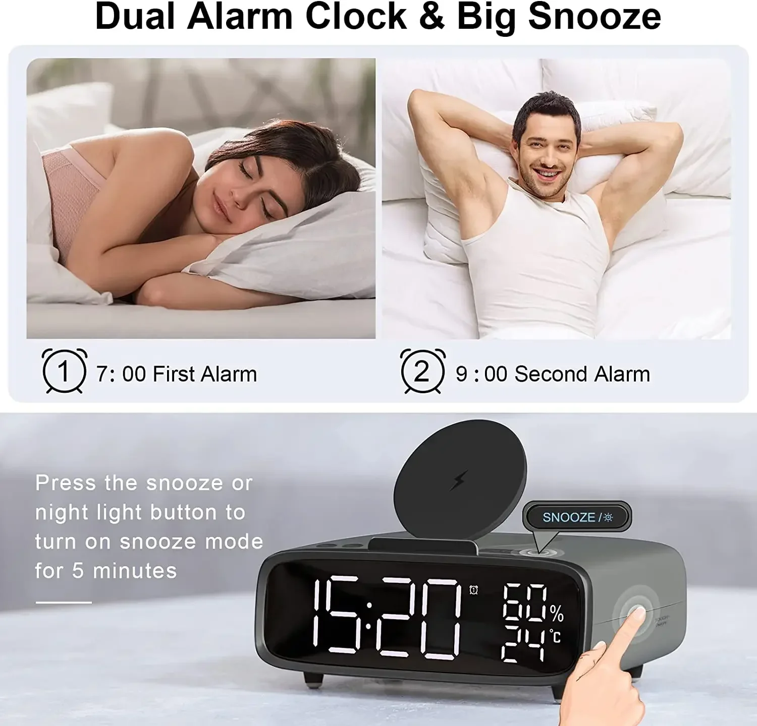 Bluetooth Speaker  Wireless Charging Dual Alarm Clock  Bedroom Temperature Display 3-level Brightness Digital Clock  Night Light