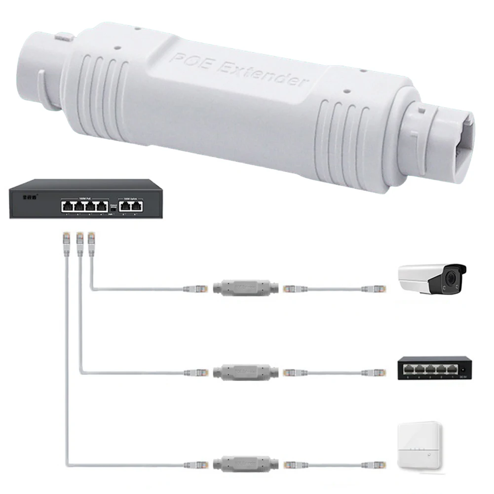 48V POE Extender/Repeater Plug and Play Waterproof PoE Extender 10/100Mbps Ethernet Extension for PoE Switch NVR IP Camera