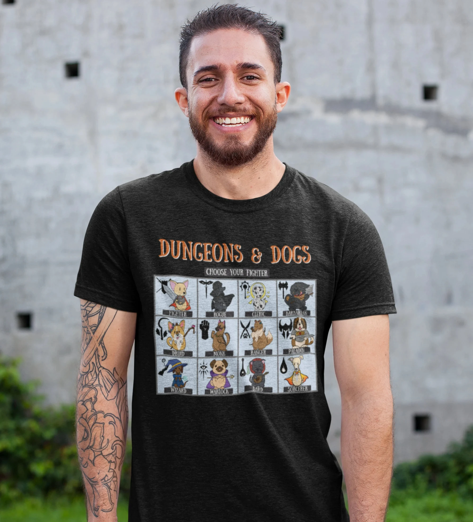 Dungeons and Dogs DND Class Dog Chart Print Tshirt Fantasy Gamer Cute Puppy Graphic Unisex Casual Short Sleeve Cotton Tees