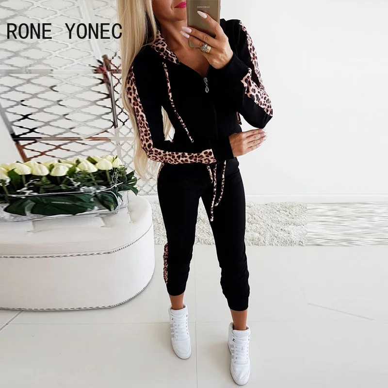 Women Leopard Print Zipper Design Drawstring Hooded Top & Pants Set Two Pieces Sets