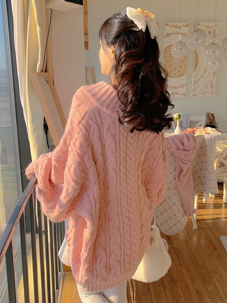 Winter Pink Kawaii Pullover Sweater Women Bow Loose Knitted Sweater Female Casual Korean Fashion Warm Sweet Sweater 2022 New