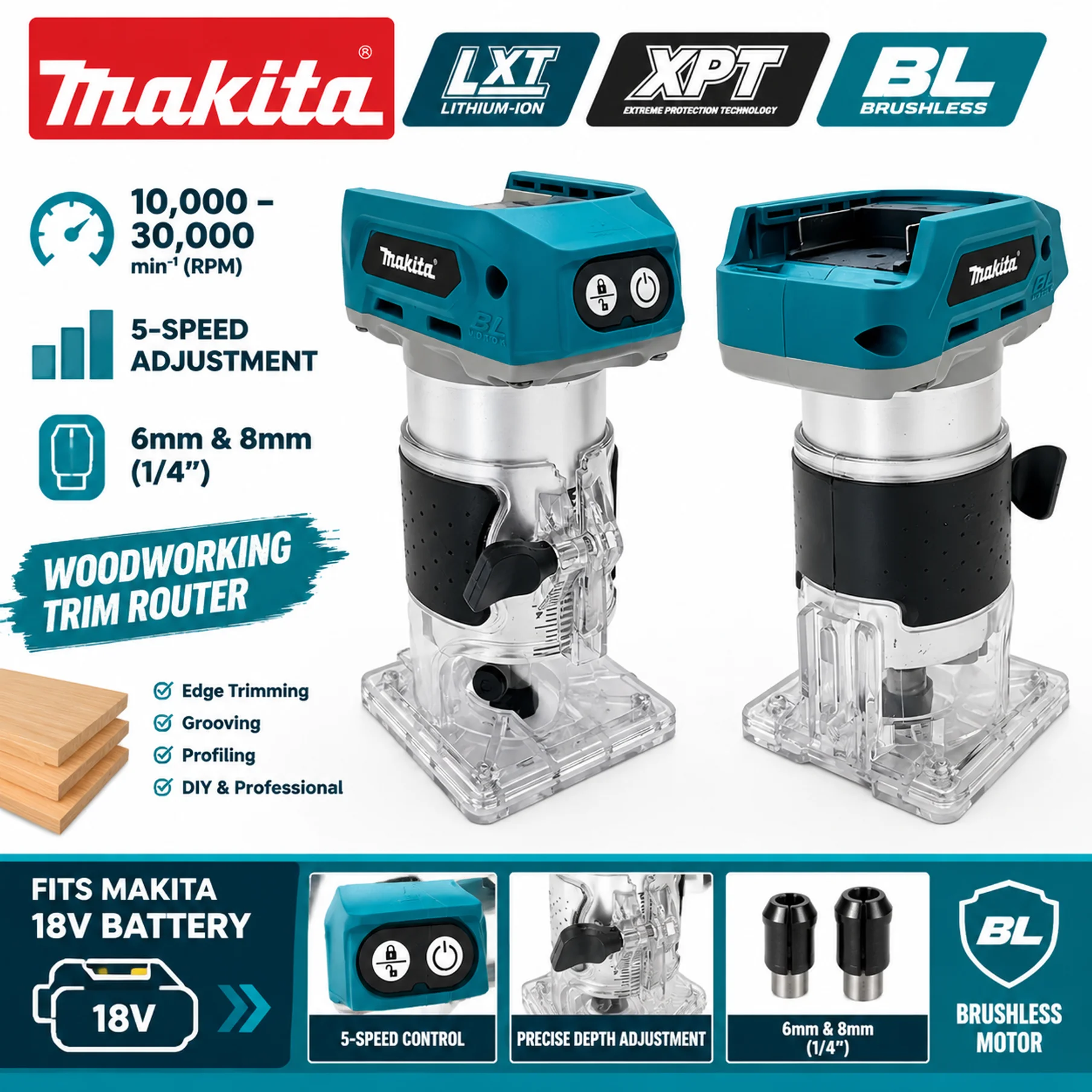 Makita 18V Battery DRT50 Brushless Cordless Wood Trimmer, Rechargeable Slotting Milling Engraving Woodworking Trimming Machine