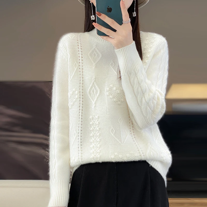 Women\'s Knitted Half High Collar Pullover, Knitted Sweater, Fashionable Hollow Out, 100% Australian Wool Top, New, Autumn and Wi