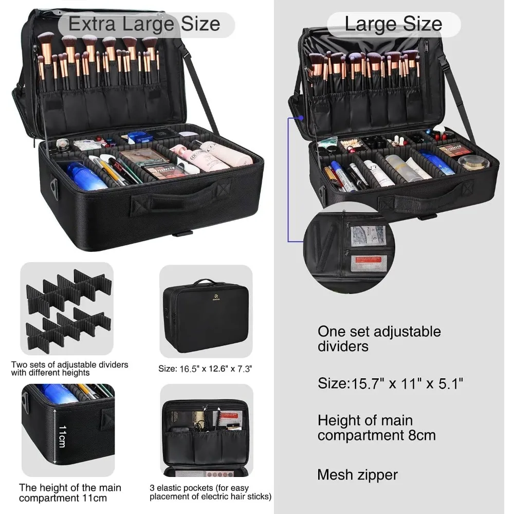 Extra Large Makeup Case with Adjustable Dividers, Shoulder Strap & Trolley Attachment - Professional Organizer