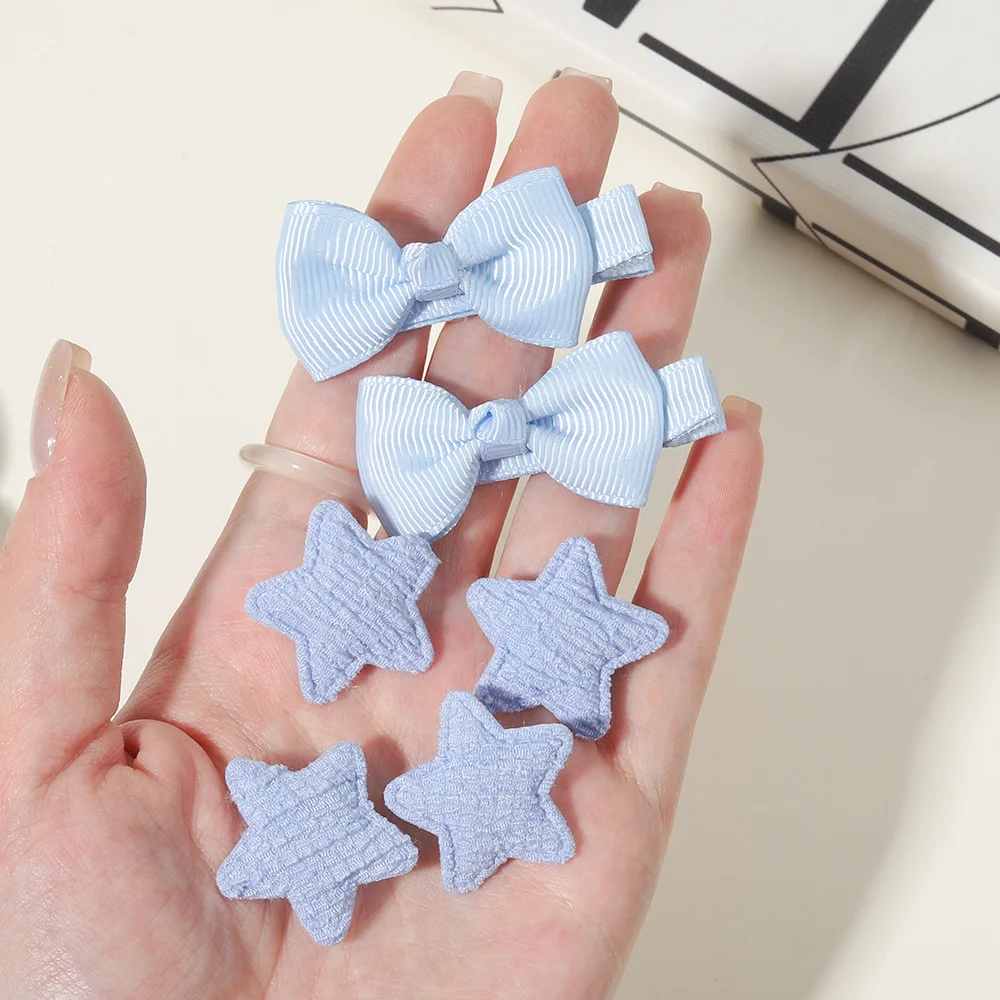 1set Cute Satin Ribbon Bow Hair Clips for Little Girls, Candy Color Star Decor Barrettes, Soft Non Damaging Bang Hair Pins
