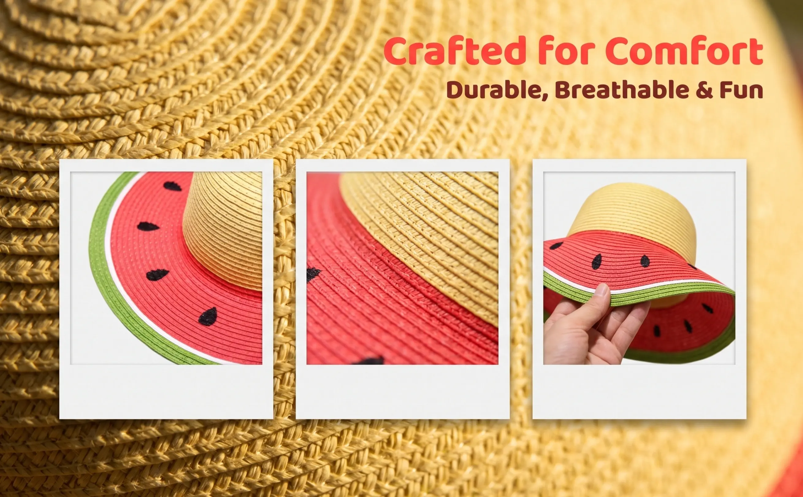 Kids Watermelon Sun Hat Girls Straw Wide Brim Beach Picnic Gardening Fishing Camping Hiking Uv Protection Lightweight Breathable