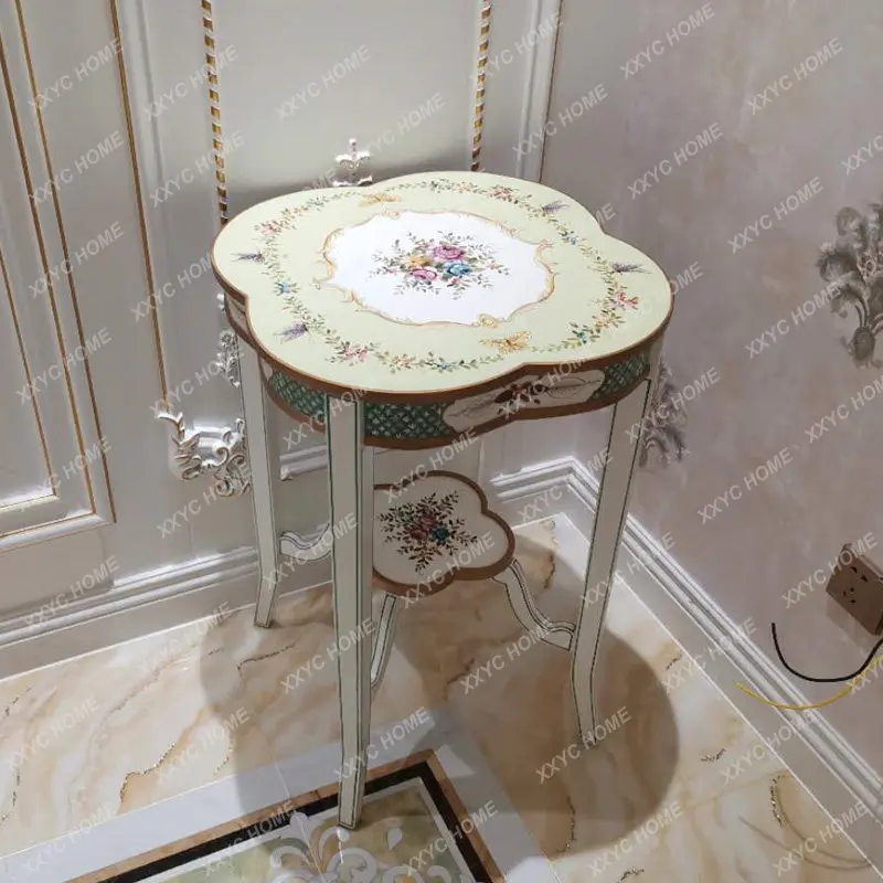 Coffee table hand-painted solid wood birch carving gold painting plum blossom-shaped double-layer green flower small table