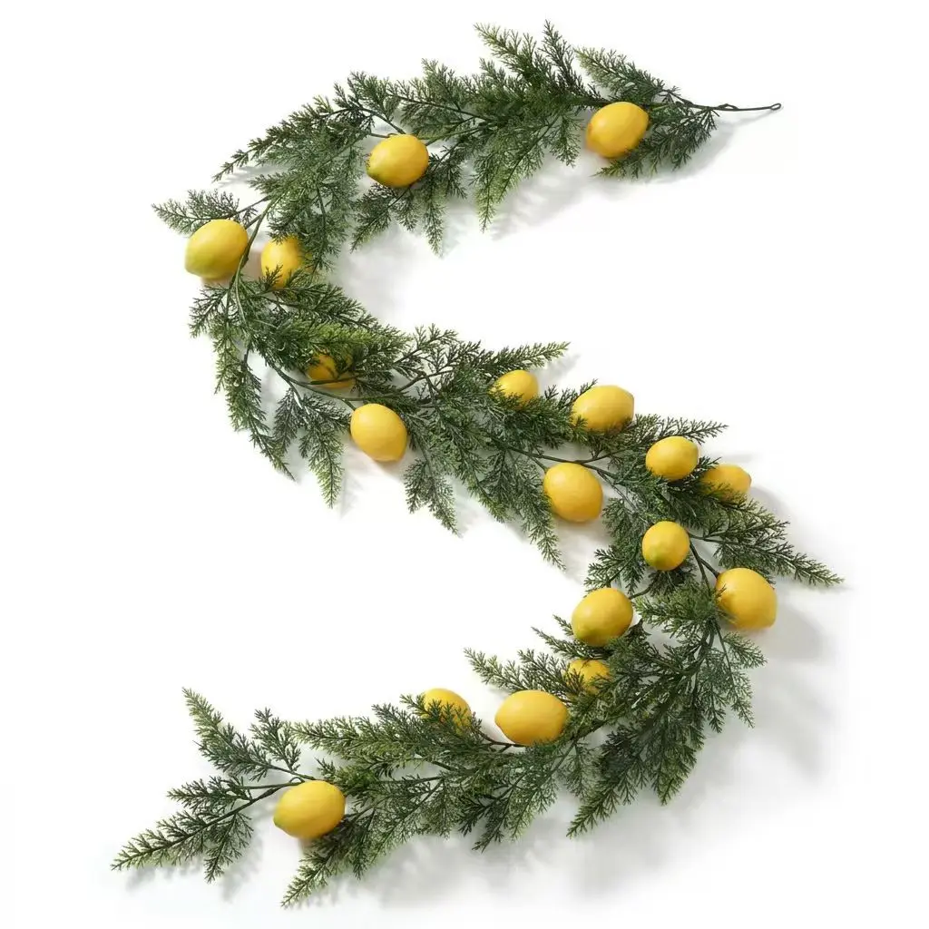 5.74Ft Artificial Cedar Lemon Garland 175cm Green Foliage with Yellow Lemons for Entryway Fireplace Decoration
