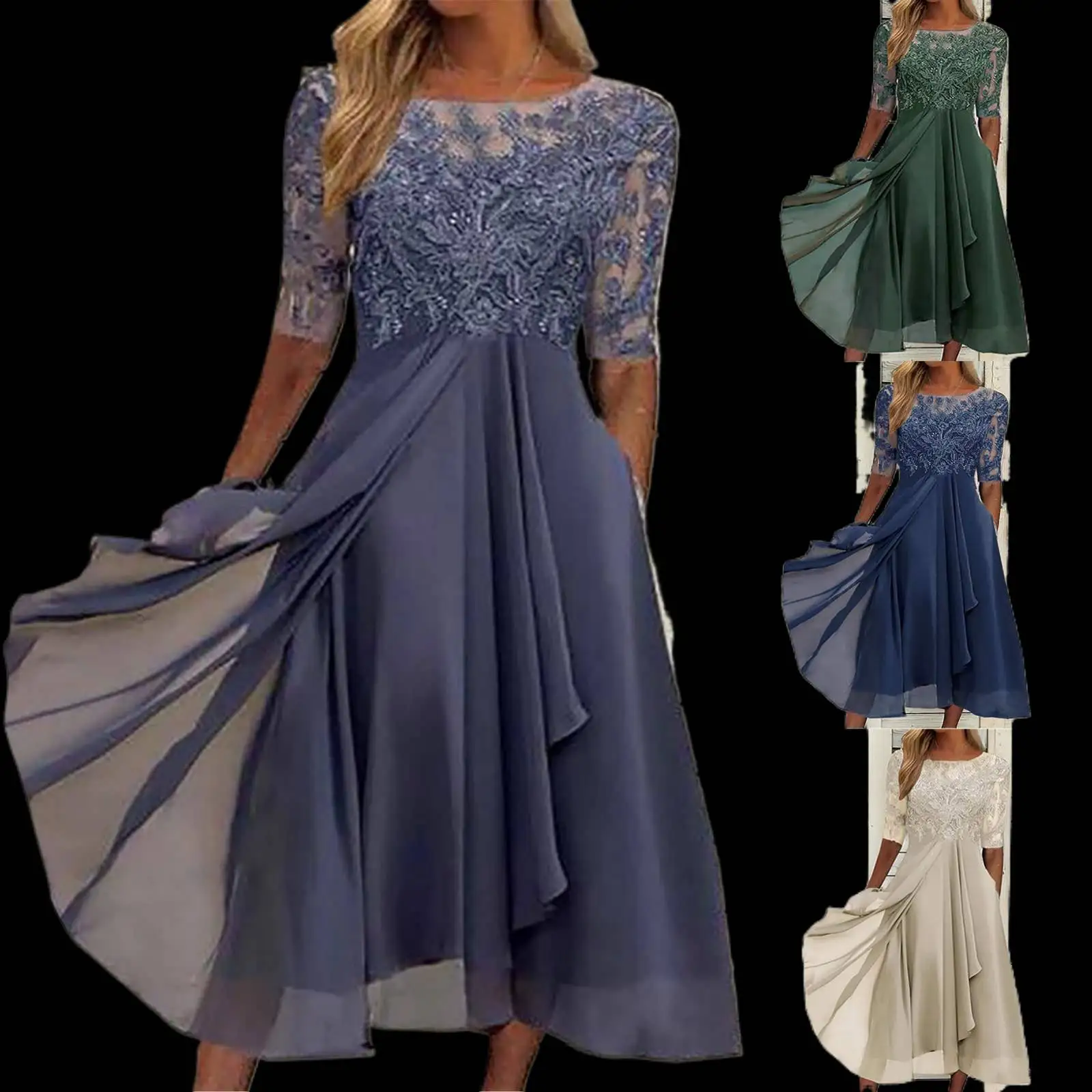 

Elegant Formal Party Dress Embroidery Chiffon Round Collar Short Sleeve Luxury Dress Bridesmaid Evening Dresses Vestidos платье