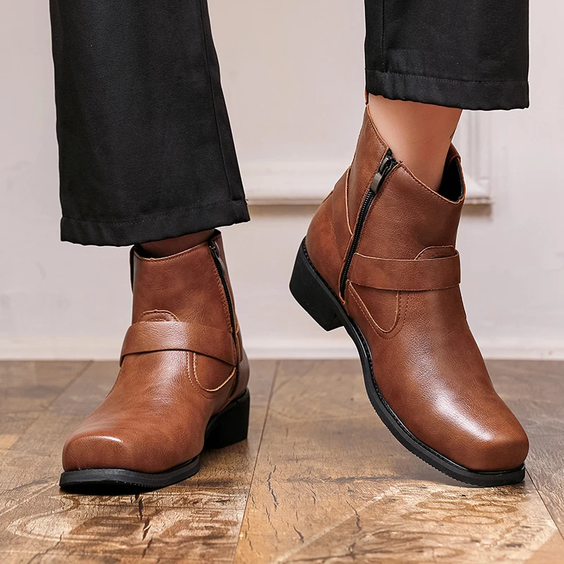 

Men High Top Boots PU Solid Color Low Heel Square Toe Fashionable Classic Men Boots Size 38-46