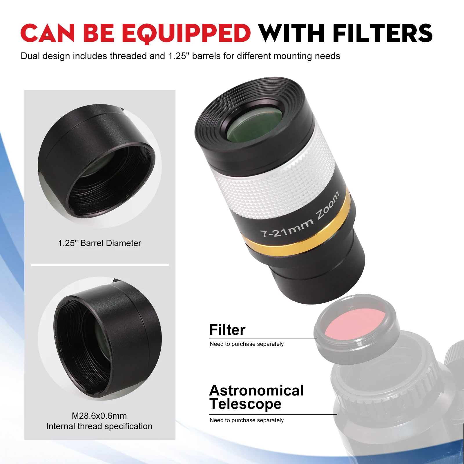 Datyson Astronomical Telescope Magnification Eyepiece Professional 7-21mm Continuous Zoom Eyepiece for Astronomy Observation