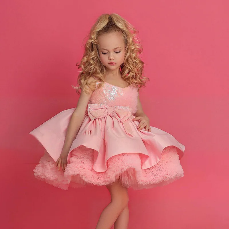 

Розовое детское платье на бретельках с бантом, нарядное, для выступлений, с юбкой-пачкой, для праздников и торжеств