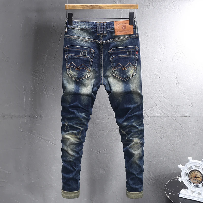 Fashion Vintage Men Jeans High Quality Retro Washed Blue Stretch Slim Fit Ripped Jeans Men Italian Style Designer Denim Pants