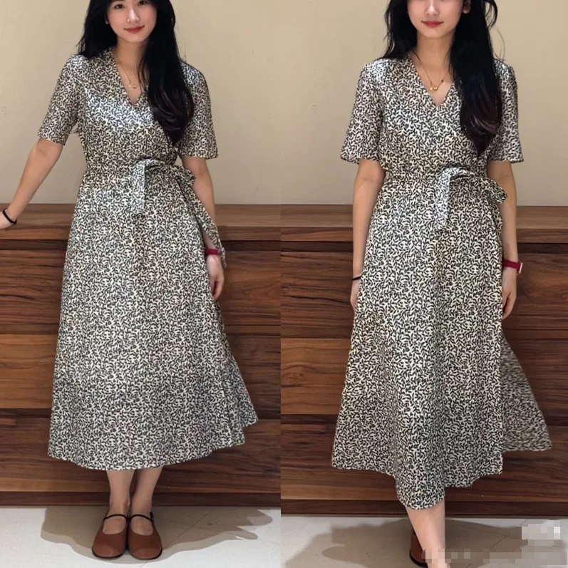 

Withered Summer New Gentle Style Simple Floral Silk Cotton Ke And V-neck Tea Break Dress Party Dresses Vestidos Women's Dress