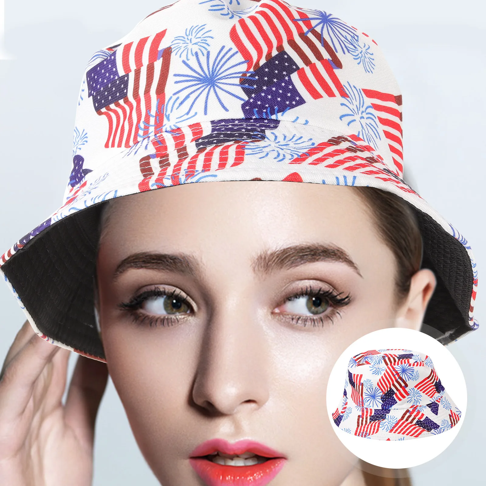 

Summer Sun Protection Bucket Hats Women Double Sided Flag Pattern Adjustable Size Cotton Polyester Cap Travel Outdoor Hats