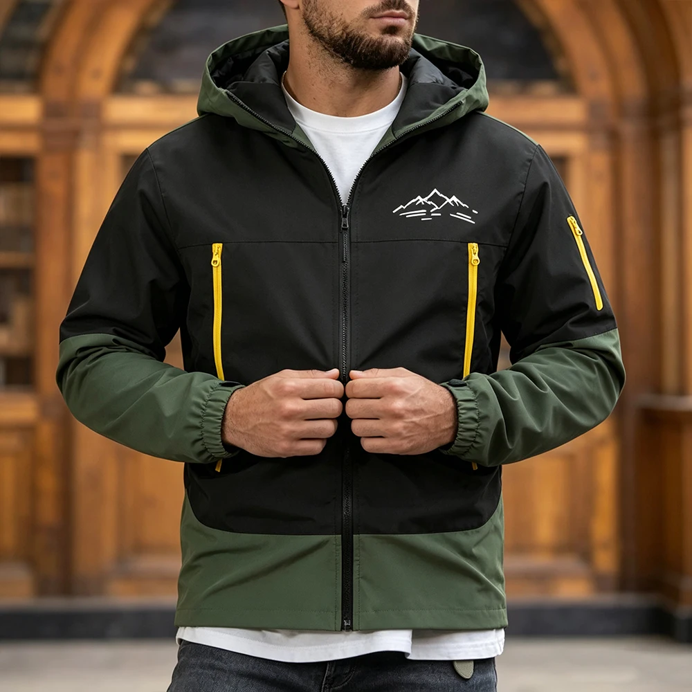 Men Outdoor Hooded Jacket Mountain Ridge Print Contrast Splicing Yellow Zipper Pockets Sports Top Mountain Travel Casual Wear