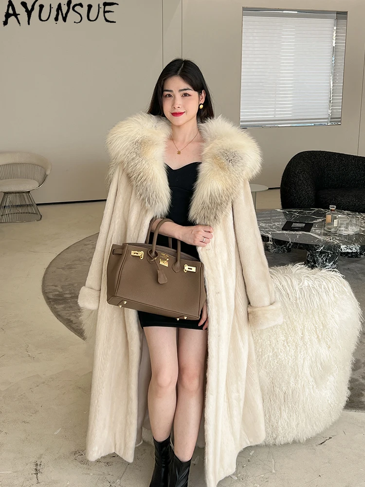 AYUNSUE معطف فرو المنك المخملي الطبيعي امرأة اضافية طويلة فاخرة معطف المنك الكامل للمرأة الملابس الثعلب الفراء طوق 2025 كوفتا С ميخيم