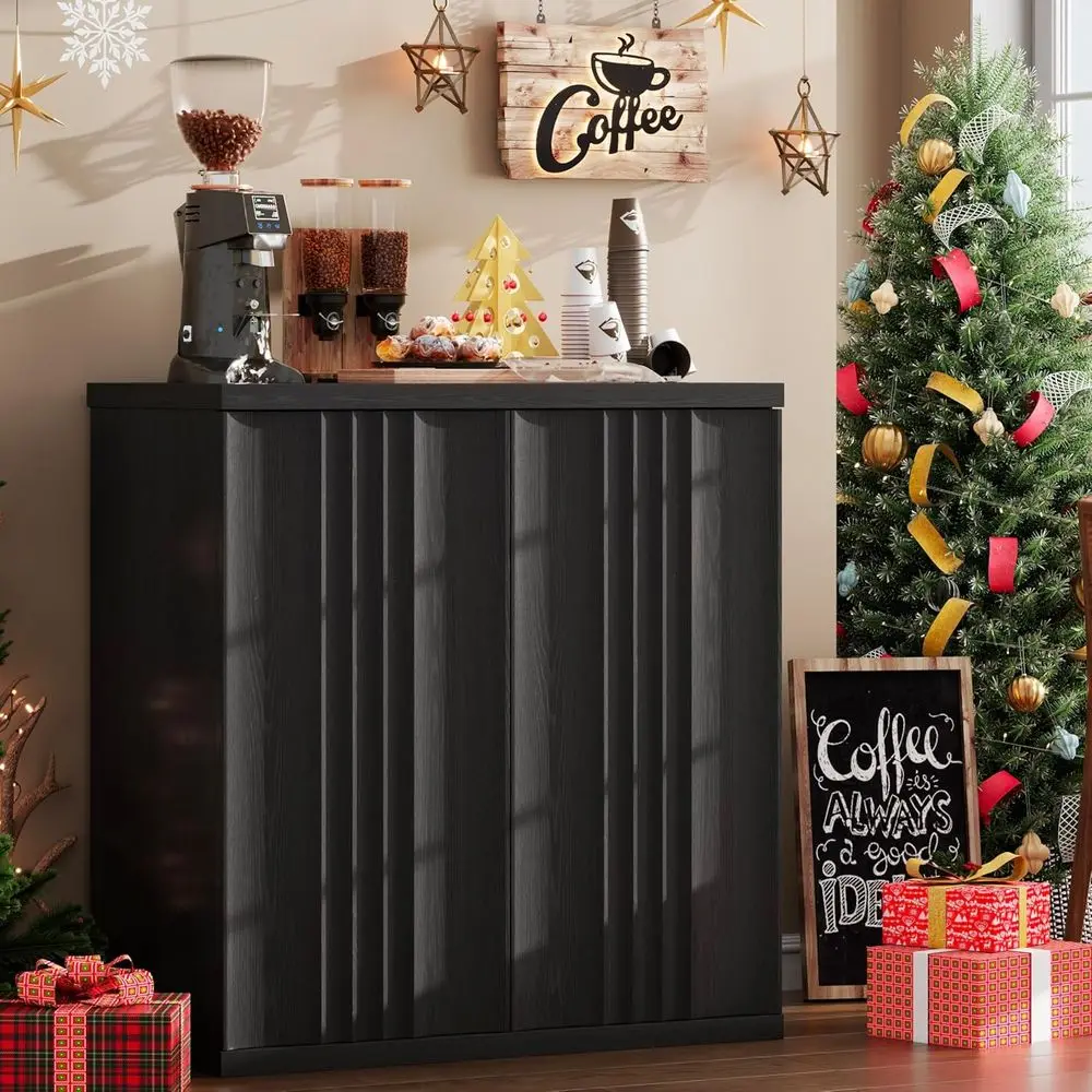 خزانة بوفيه سوداء حديثة مع أرفف قابلة للتعديل، عريضة 31.5، لغرفة المعيشة والمطبخ