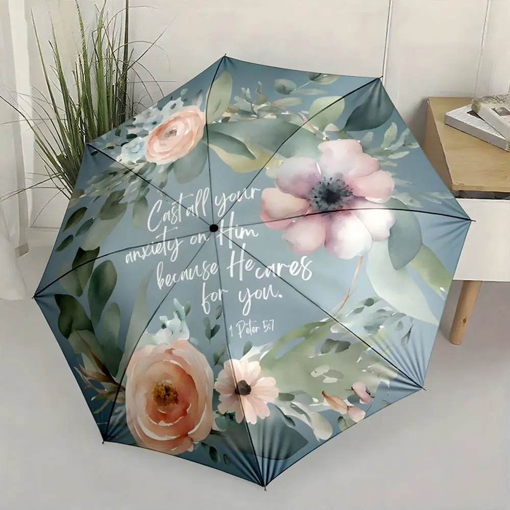 1PC Elegant Floral Umbrella Features Inspirational Bible Verse Print 8 Iron Ribs Folding Umbrella Auto-Open Fashion Sunshade