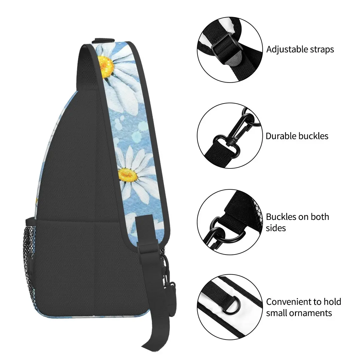 Mochila con estampado de margaritas y flores para deportes al aire libre, morral con estampado Floral para el pecho, bandolera para el hombro