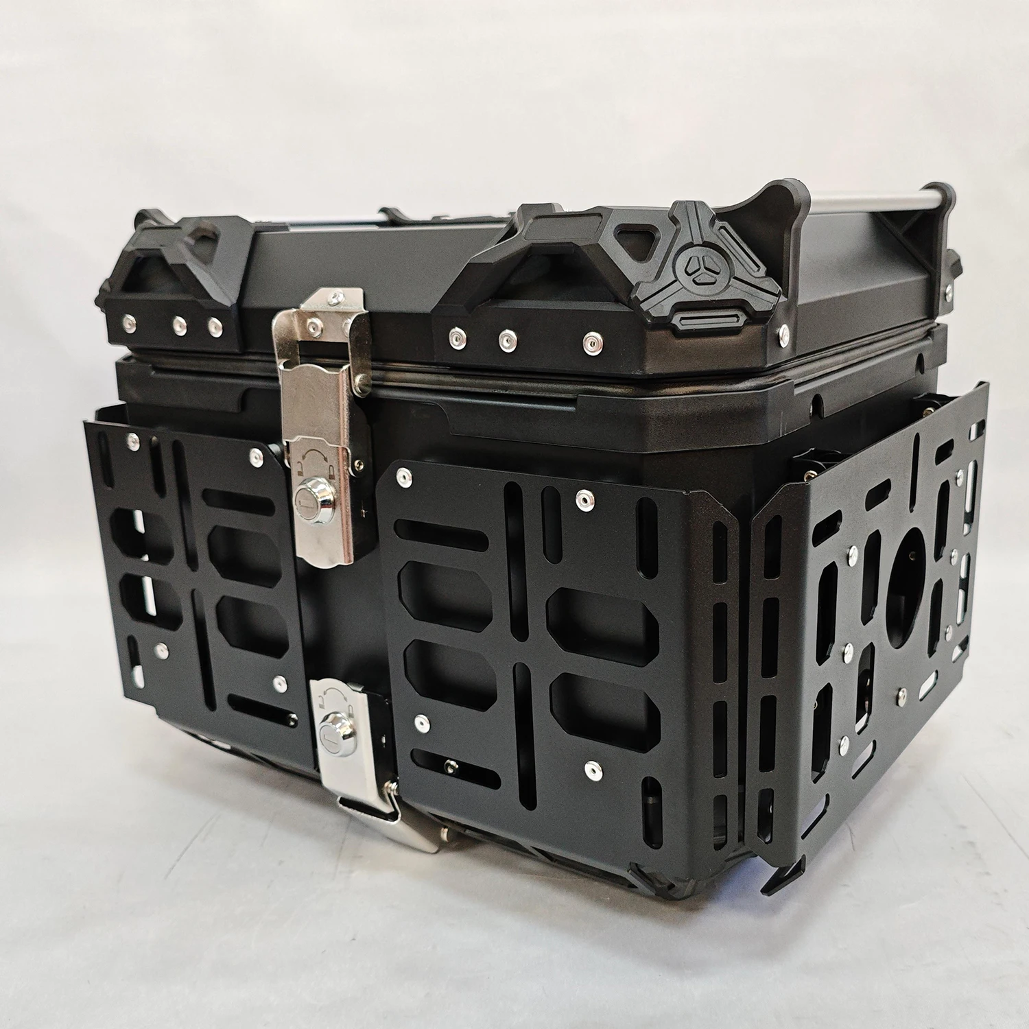 45L Motorcycle Adventure Aluminum Top Case Tail Box Luggage,Black Matte with Steel Base Foldable Support Rear Bag for Touring