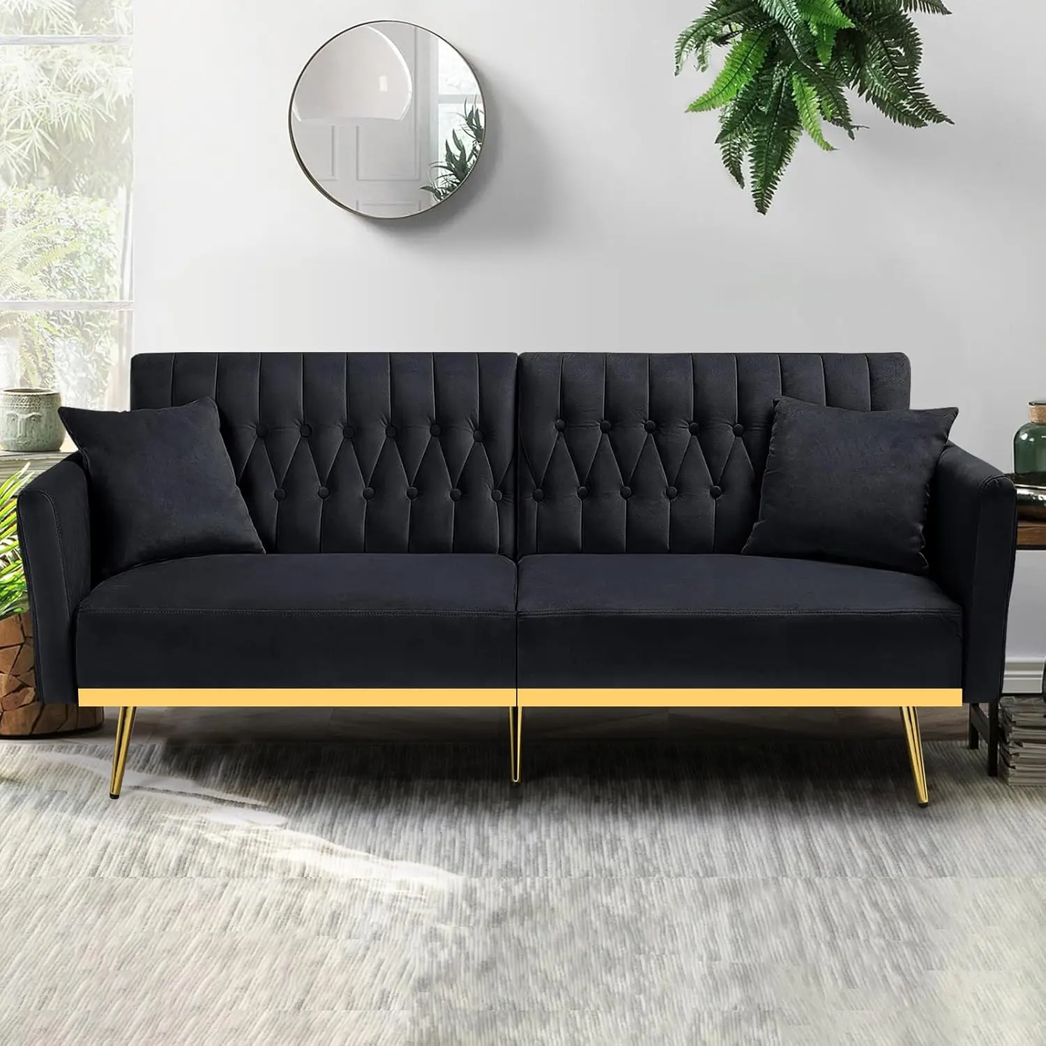 70” Velvet Futon Sofa Bed with 2 Pillows and Adjustable Armrests, Convertible Sleeper Bed, Modern Loveseat for Living Room,Black